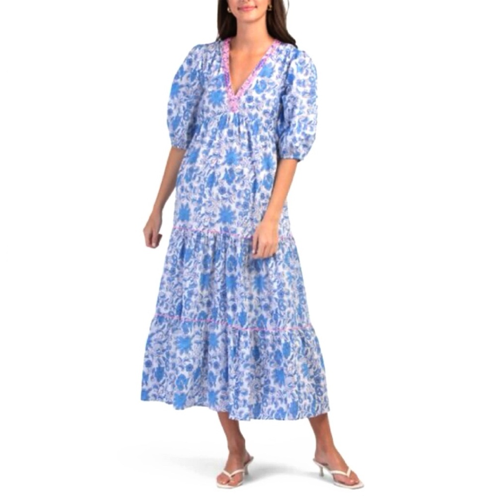 DEBBIE KATZ Floral Blue Maxi Dress/Beach Coverup - Picture 11 of 12